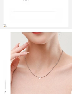 Detail of 925 sterling silver oval solitaire necklace shown with size specs and model wear