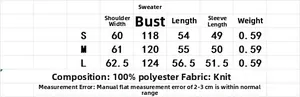 Detailed size chart for striped polo knit sweater showing S, M, L dimensions in centimeters