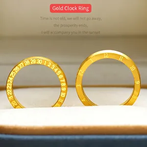 Creative 18K gold titanium steel clock rings with calendar and hour numeral engravings