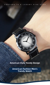 Close-up of GEDI men's vintage watch featuring a black leather strap and gradient dial