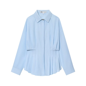 Women Long Sleeve Blouse Polyester Ruched Waist Pleated Hem Lapel Button Down Solid Color Elegant Office Shirt