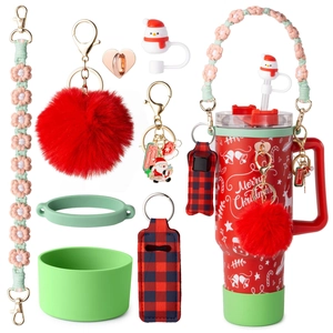 Christmas tumbler accessories set with woven handle, Santa straw cap, and plush heart charm