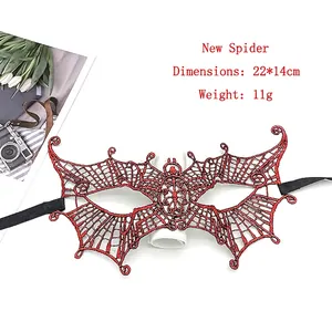 Detail of red lace spider web mask with dimensions 22x14cm for Halloween parties