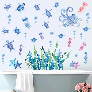 Watercolor Ocean Sea Turtle Octopus Wall Stickers PVC Self Adhesive Bathroom Kids Room Nursery Decor Decals