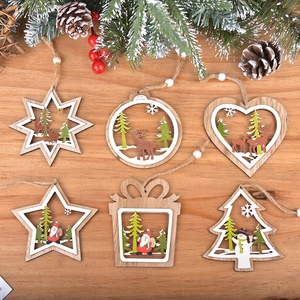 Christmas Wooden Hanging Ornaments Hollow Layered Santa Snowman Reindeer Star Heart Shape Rustic Holiday Tree Decorations