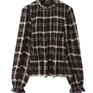 Blouse à carreaux à manches longues avec col à volants et taille élastique ajustée