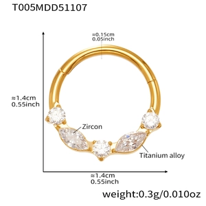 Detailed size specifications for golden titanium alloy nose ring with 5A zircon stones