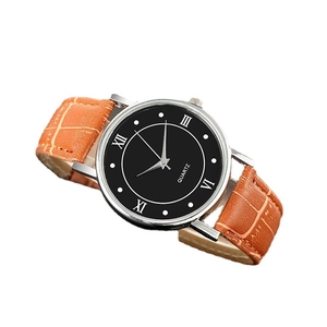 Men's business quartz watch with brown leather strap and black Roman numeral dial
