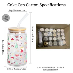 Christmas themed color changing glass can with bamboo lid and straw set 16oz volume