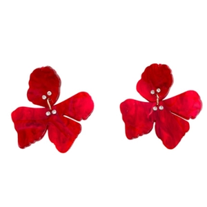 Vintage red resin flower earrings with sparkling rhinestone centers on silver pins