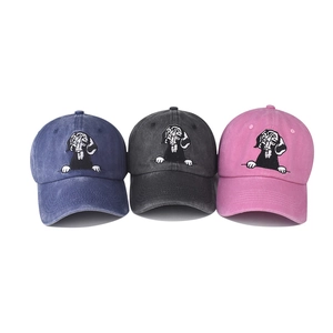 Washed cotton baseball caps with embroidered dog face in navy, grey, and pink
