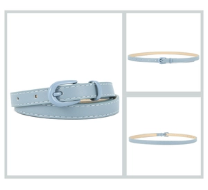 Detail of light blue PU leather skinny belt featuring U-shape buckle and white stitching