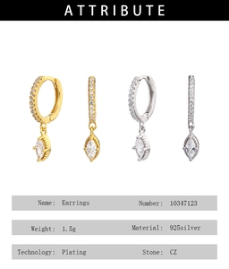 Detail view of S925 silver marquise CZ earrings showing plating quality and specifications