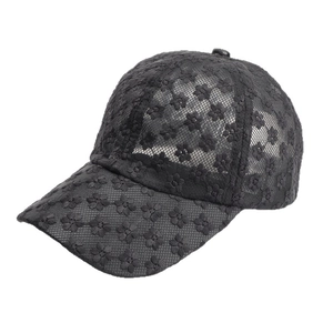 Women's black lace mesh baseball cap with floral embroidery and curved brim for sun protection