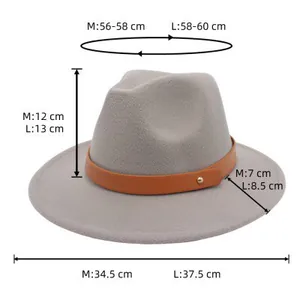 Size chart for wool felt fedora hat with brim width and head circumference dimensions