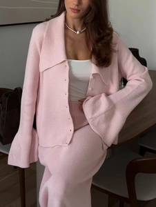Elegant pink knit cardigan two-piece set with long sleeves and matching skirt