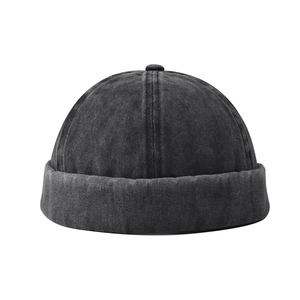 Vintage washed charcoal denim docker cap with thick rolled edge in streetwear style