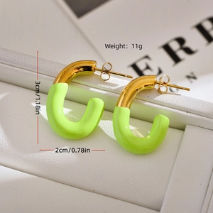 Minimalist U-shaped stainless steel earrings with gold finish and green enamel accents