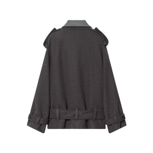 Back view of a grey wool blend jacket with color-block collar and belted waist detail