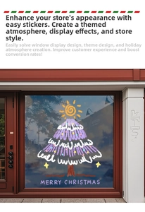 Detail of purple hand-drawn Christmas tree window static sticker with stars and greetings