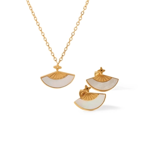 18K gold plated stainless steel fan shaped pendant necklace and stud earrings set