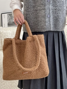 Brown fluffy fleece tote bag with spacious interior for autumn winter daily use