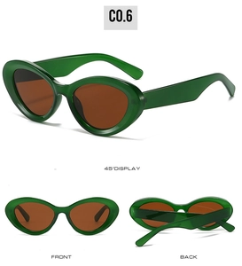 Three-view display of green cat eye sunglasses showing front, back, and 45-degree angle views
