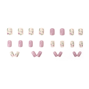 Short square purple floral press-on nails set with vintage flower and leaf patterns
