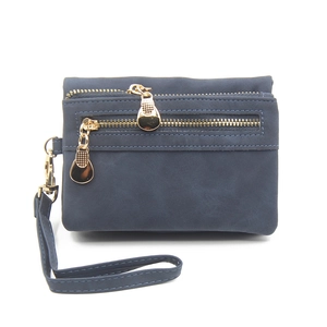 Detail view of navy blue faux leather wallet with double zippers and gold hardware