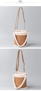 Detail of vintage brown bucket bag featuring plush faux shearling trim and golden hardware