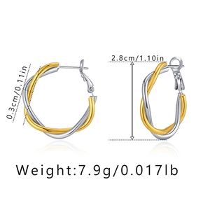 Detailed view of two-tone crisscross hoop earrings with size measurements in centimeters