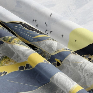 Macro detail of abstract mountain print on thick textured woven fabric tapestry