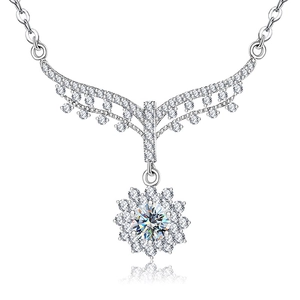925 silver sunflower pendant necklace with zircon paving on a reflective white background