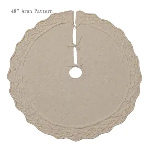48 inch cream knitted Christmas tree skirt with Aran pattern and wavy edges