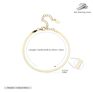Detail view of 925 sterling silver flat snake chain bracelet with length and width specs