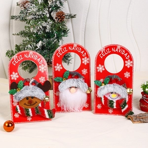 Cartoon Christmas Door Handle Hanging Ornaments Santa Snowman Reindeer Felt Wood Sign With Small Bells For Holiday Home Decor