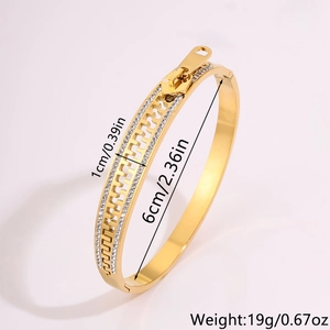 Detailed view of gold stainless steel zipper bracelet with rhinestone inlay and dimensions