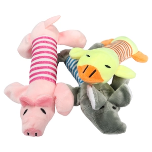 Three squeaky plush dog toys with striped patterns for puppies and large breeds