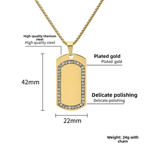 Detailed view of gold plated titanium steel dog tag pendant with rhinestone border and dimensions