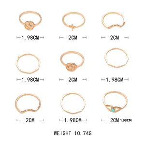 Size chart showing 9-piece gold ring set with dimensions from 1.98cm to 2cm and weight 10.74g