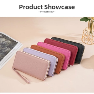 Litchi pattern long leather wallets for women in six colors with wrist straps and zippers