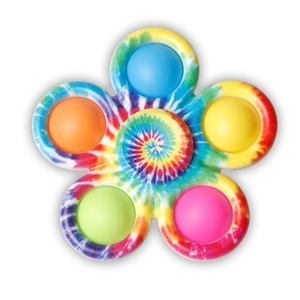 Flower shaped tie-dye fidget pop spinner with five colorful bubbles on white background