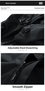 Macro shot of adjustable hood drawstring and high-quality fashion zipper on black jacket