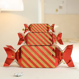 Creative red candy-shaped gift boxes with gold stripes in three sizes for Christmas decor