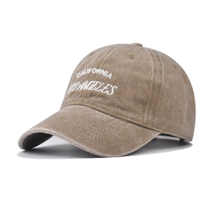 Detail of vintage washed cotton baseball cap with white California and Los Angeles embroidery