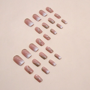 Pink gradient press-on nails with silver glitter lines and heart patterns, 24 piece set