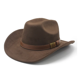 Classic dark brown suede western cowboy hat with wide brim and gold-toned metallic accents