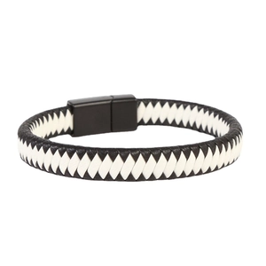 Braided leather bracelet with black and white weave and magnetic stainless steel clasp