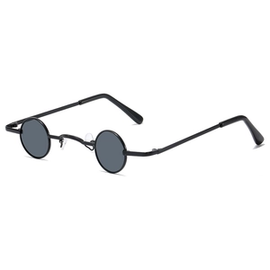 Retro punk small round sunglasses with black metal frame and dark grey lenses for unisex