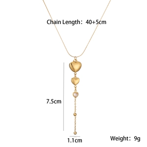 Detailed view of golden heart pendant necklace with dimensions and chain length specs